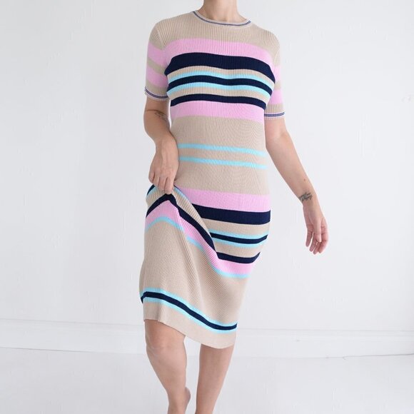 All Row Beige with Navy & Pink Stripe Bodycon Midi Short Sleeve Dress Medium - Picture 3 of 15